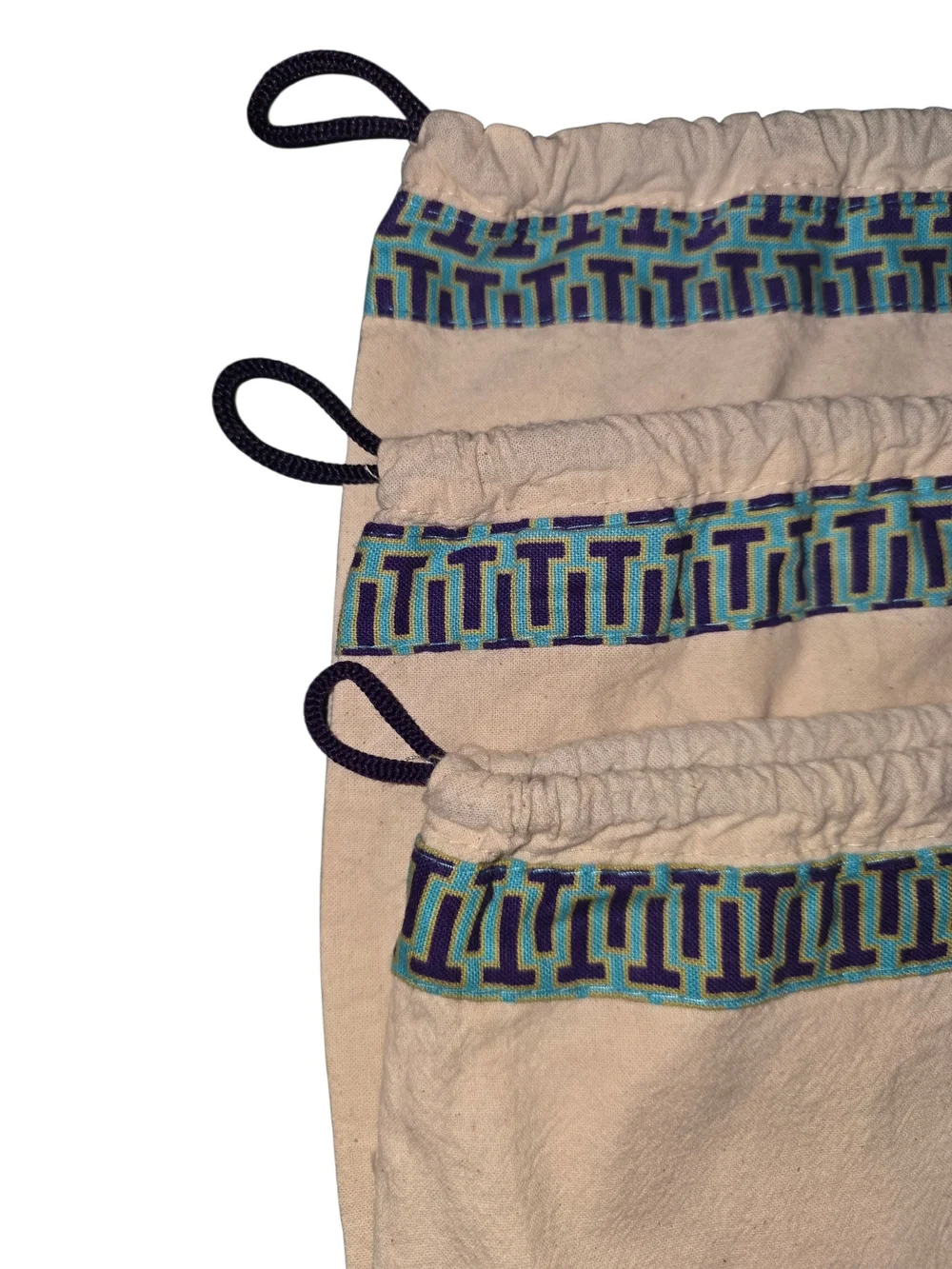 Tory Burch Beige Drawstring Dust Bag with Blue Trim- 3 Piece Set